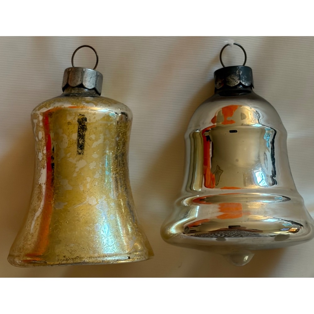 Vintage Mercury Glass Bell Christmas Ornaments Gold Silver Set of 2 Antique